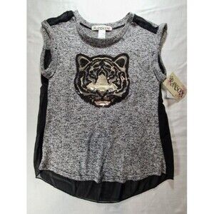 Ransom Sequin Tiger Graphic Knit Shirt M NWT Mesh Back Gray Black Top